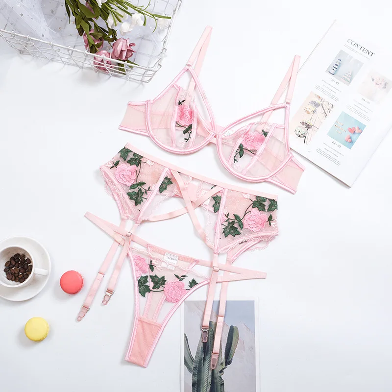 

S-king Best Sell Products Colorful Fashion Embroidery Flower Craft Lace Mesh Gauze Gathered Women Sexy Lingerie Underwear Sets, As picture(accept custom)