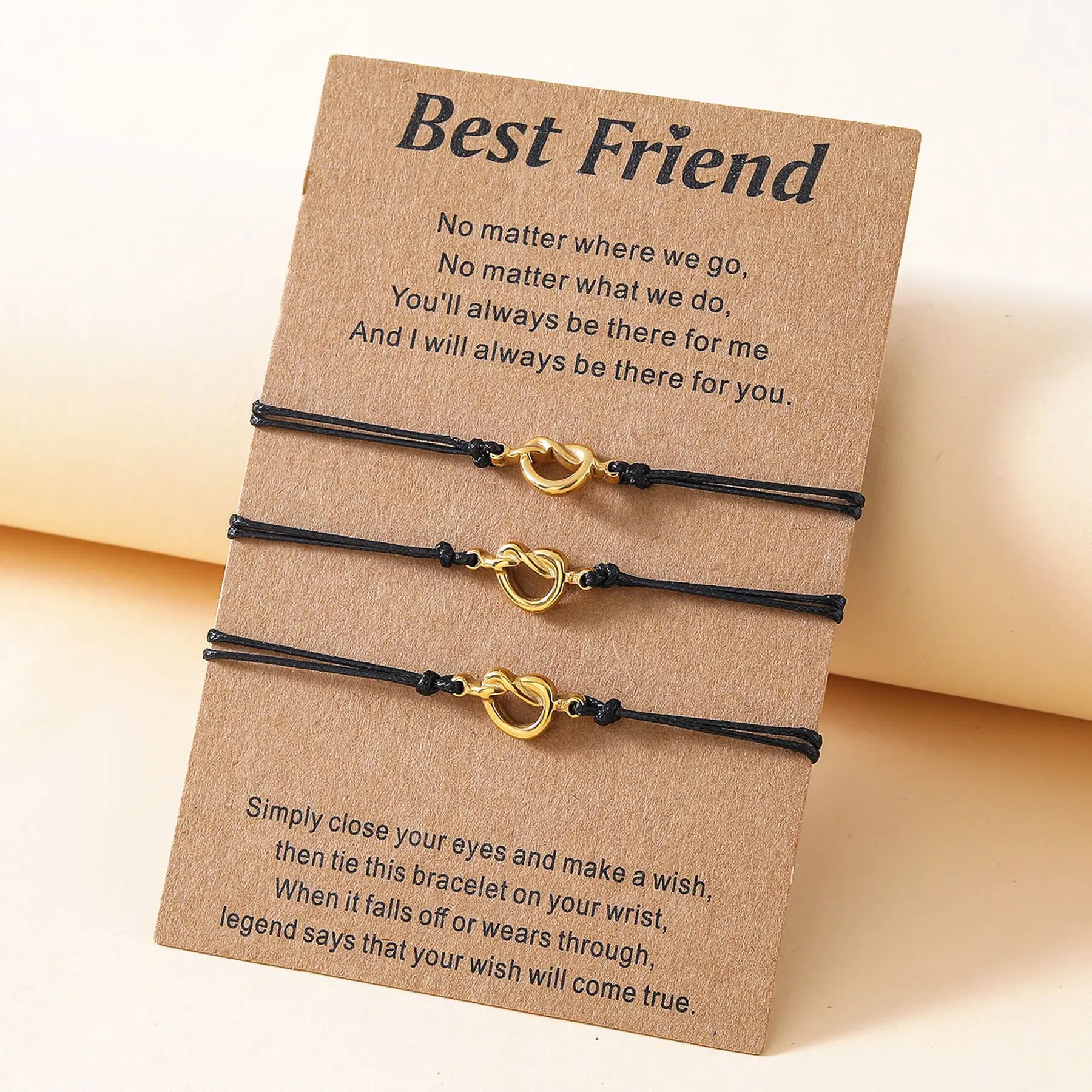 

Trendy 18K Real Gold Plated Stainless Steel Charm Adjustable Wax Knot Woman Girls BFF Best Friend Friendship Bracelet Set