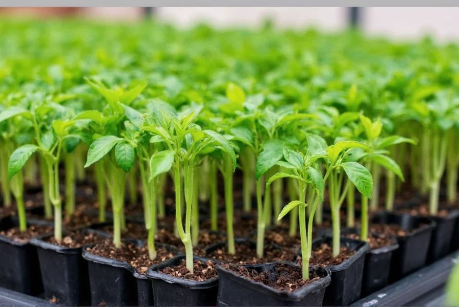 Healthy pepper seedlings growing in seed trays with proper spacing and lighting conditions