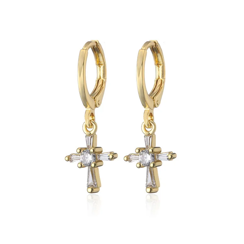 

18K Real Gold Plated Micro Pave Diamond Cross Earring Tiny Clear CZ Zirconia Cross Huggie Earring