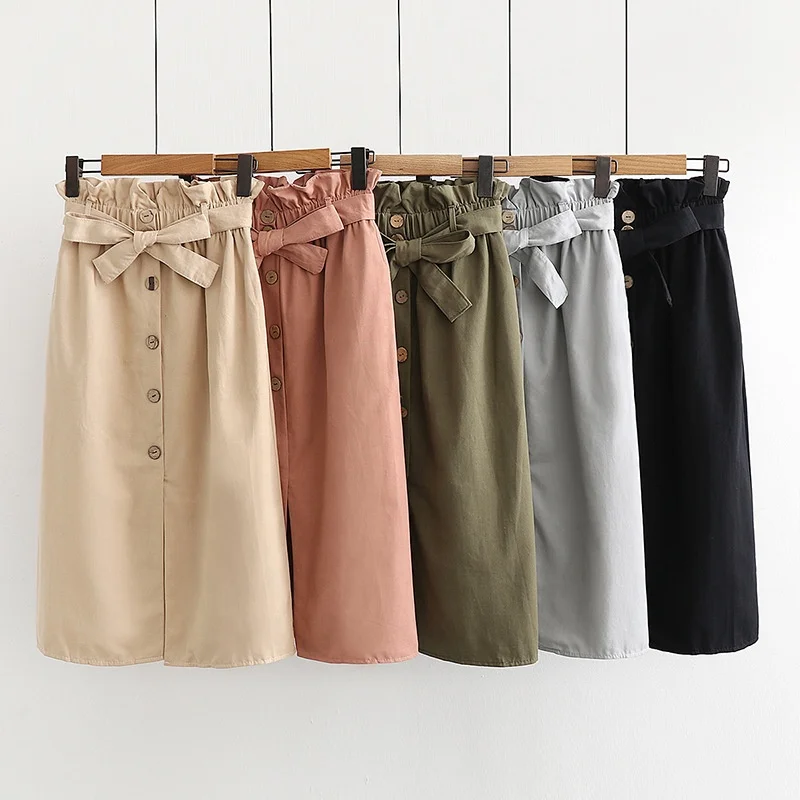 

2019 Wholesale Korean Button Bow Office Skirts Designs Casual Midi Skirt, 5 colors
