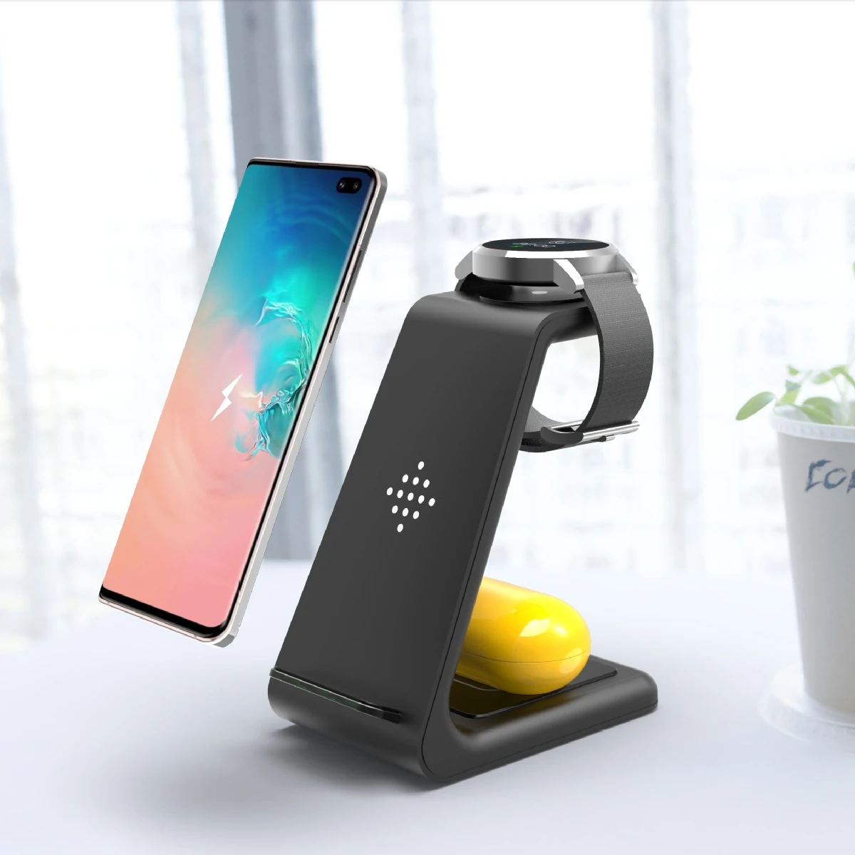 

3 in 1 wireless fast charger 15w Qi Quick Charger mobile phone Stand for iphone iwatch ipads Samsung, Black/white/brown