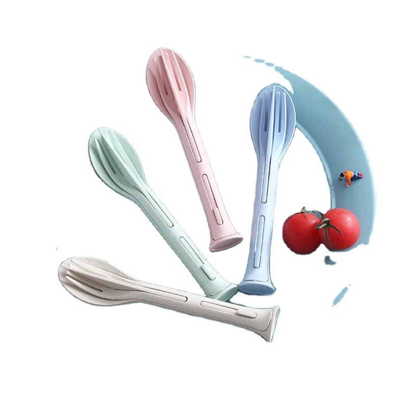 

New product 3 in 1 Spoon Fork Knife Wheat Straw Cutlery Set, Pink,green,blue,beige