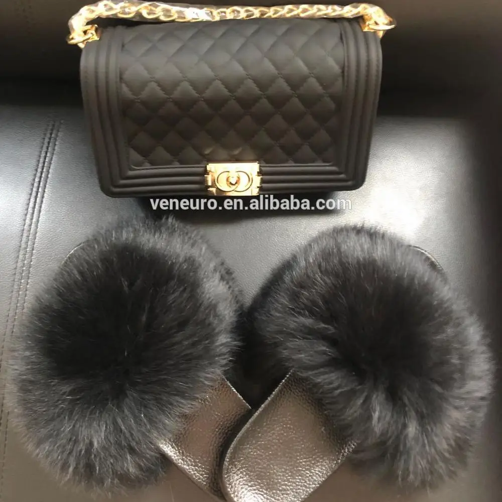 

2020 new wholesale Rainbow color Solid color two piece set fur sandals jelly purses with matching real fox fur slides, Customized color