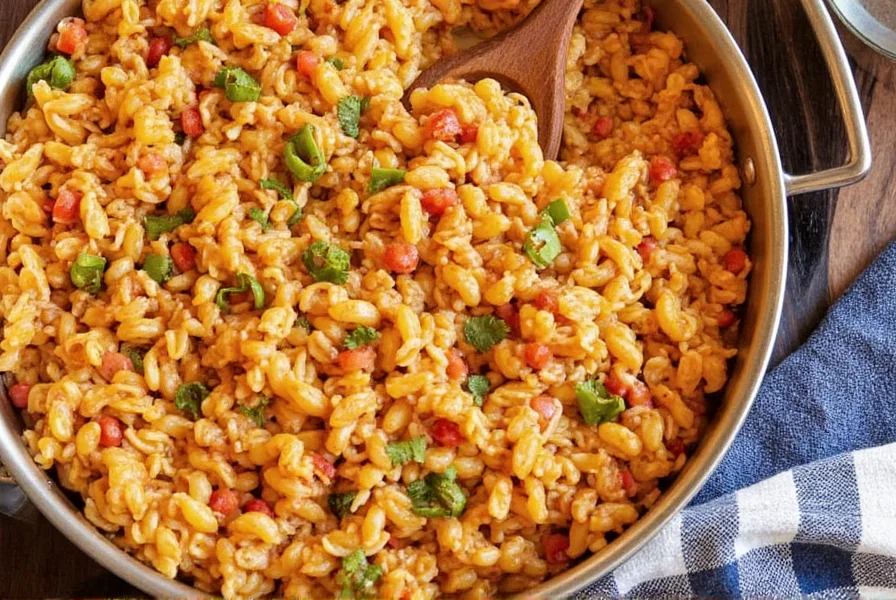 Plated jambalaya served alongside cornbread