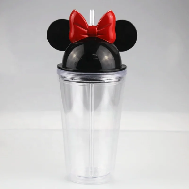 

RTS Promotional 16oz acrylic mickey minnie mouse tumbler beverage cup double wall plastic juice bottle mickey mouse juice cup, With black lids
