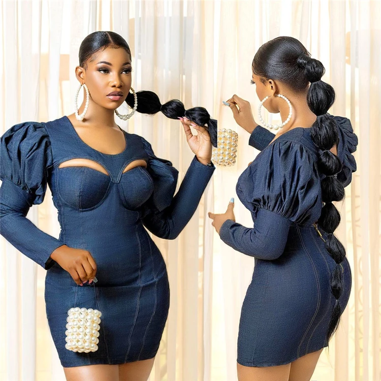 

New Style Lantern Sleeve Hollow Out Bodycon Dress Stylish Sexy Denim Dress 2021