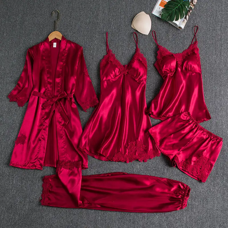 

Plus size Satin Loungewear Women Pyjamas Satin Homewear Silk Pyjamas Set 5 Pieces women robe sets