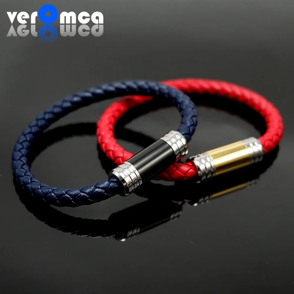 

VEROMCA Wholesale Stainless Steel Magnetic Clasp Mens Braided Leather Couple Bracelet Custom Logo Couple Bracelet, Rose gold,black,gold,silver