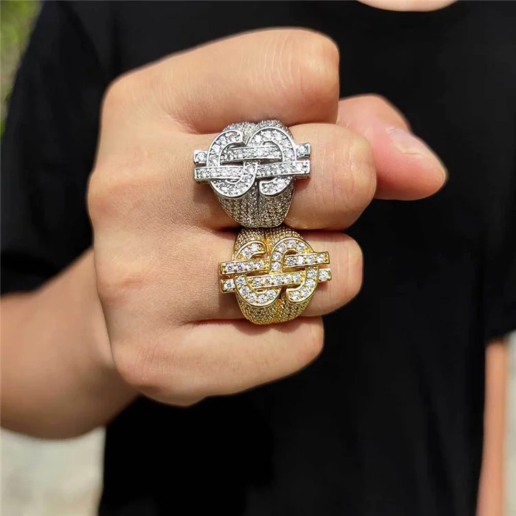 

Hot sell European and American hip hop jewelry full of zircon ring hollow dollar symbol hip hop personality man ring
