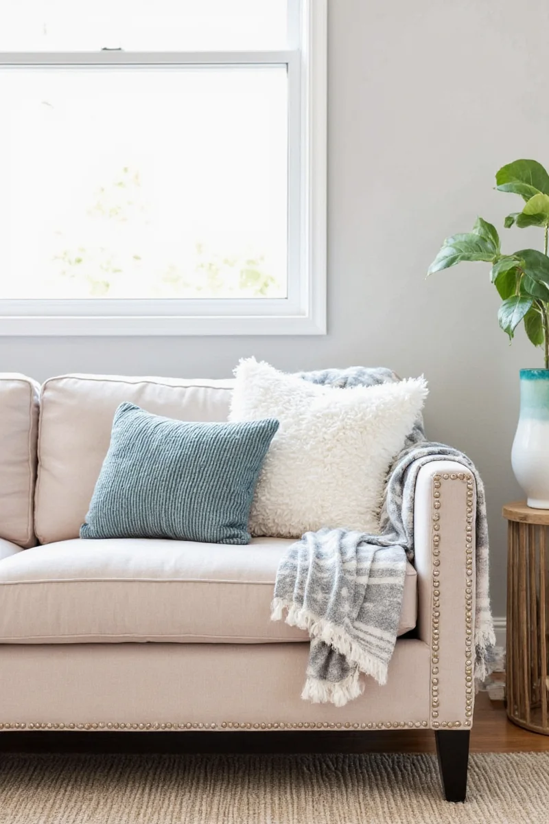Layered decorative pillows in different sizes for dimension