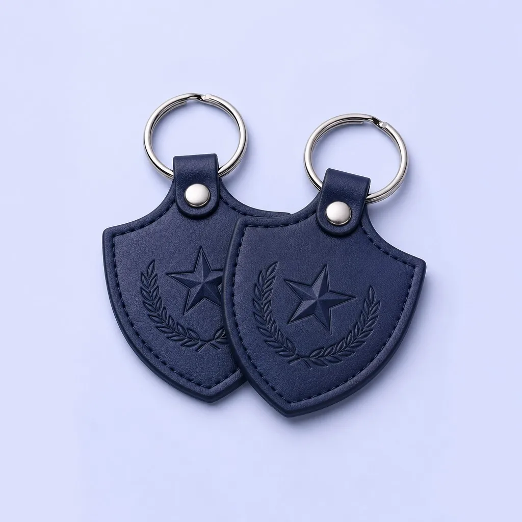 Two navy shield-shaped leather keychains arranged together