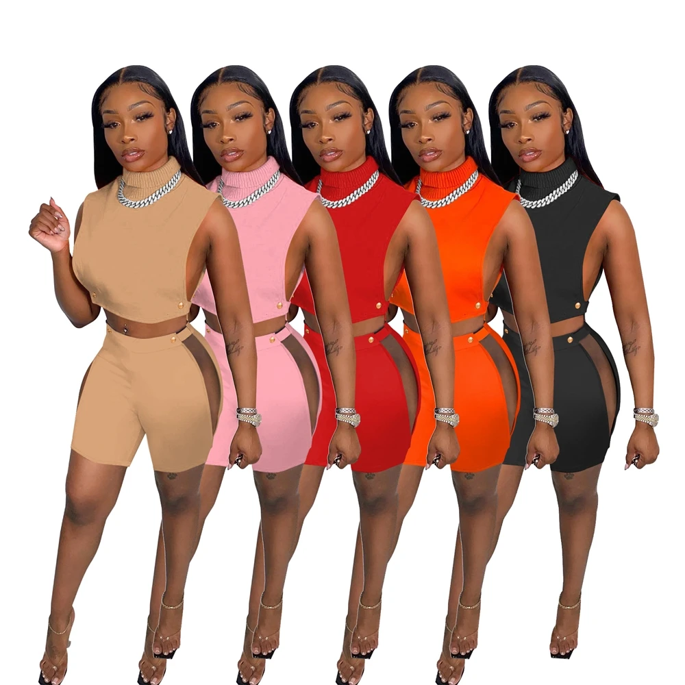 

MD-2022042304 2022 Summer Women Turtleneck Tank Tops Cut Out Biker Shorts 2 Piece Set Sports Wear Women Two Piece Short Set