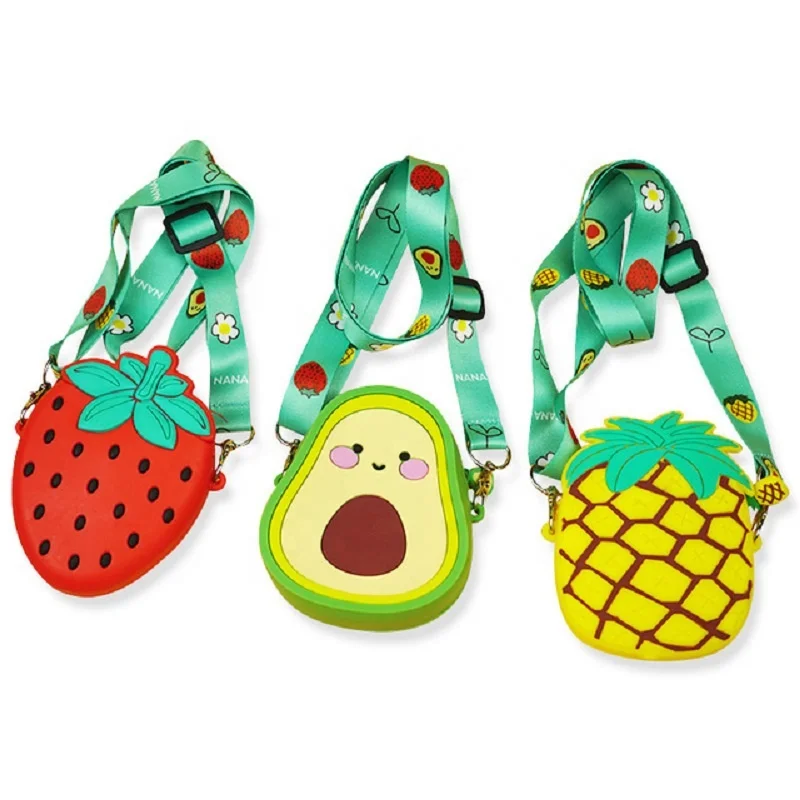 

Cheap wholesale silicone kids crossbody bag eco-friendly fruit strawberry avocado shape kids purses cartoon shoulder bag for kid, Standard color