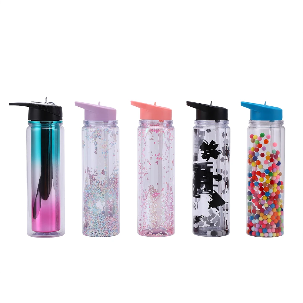 

custom logo clear cute 500ml bpa free double wall kids travel insulated gym sport drinking glitter plastic straw water bottles, Customized color