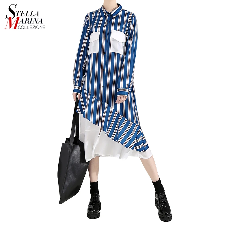 

New 2019 Korean Style Blue Black Striped Shirt Dress With Pockets Patchwork Long Sleeve Lady Special Wear Midi Casual Dress