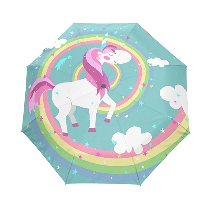 

OEM Promotional Folding Auto Open 3 Foldable Automatic Umbrellas With Logo Prints Unicorn Rainbow Swirl Spiral, Customized color
