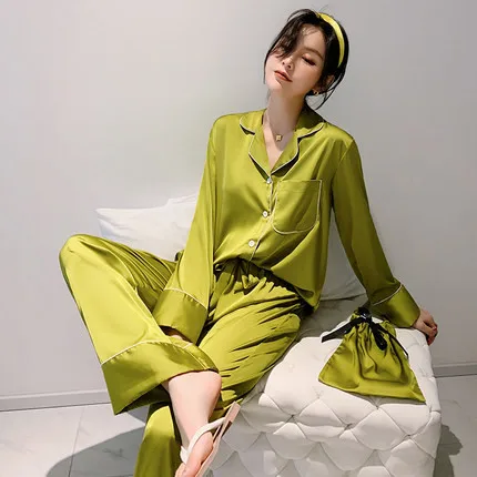 

wholesale lady satin loungewear long sleeve and pants night suits Satin pijamas bulk green pajamas set