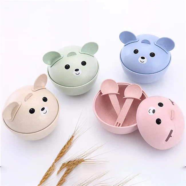 

Kids Tableware Bowl Cover Spoon Fork Wheat Straw Children Training Utensil