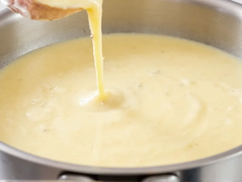 Close-up of smooth alfredo sauce in stainless steel pan