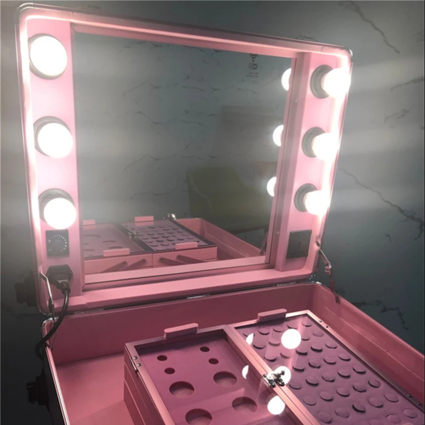 

TE Professional Artist Studio Makeup Case Cosmetic Train Table w/4 Rolling Wheels & Lights & Mirror Makeup Portable Table Dress