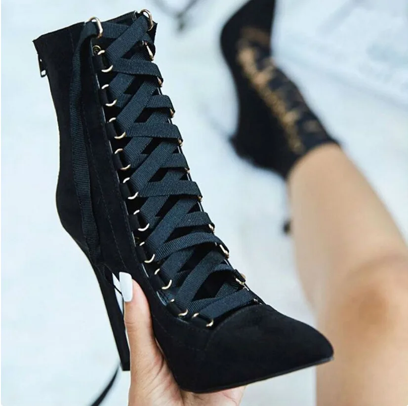

100976 DEleventh Shoes Woman Winter 2020 Pointy Toe Stiletto Heels Boots New Style Ankle High Lace Up Strappy Formals Shoes