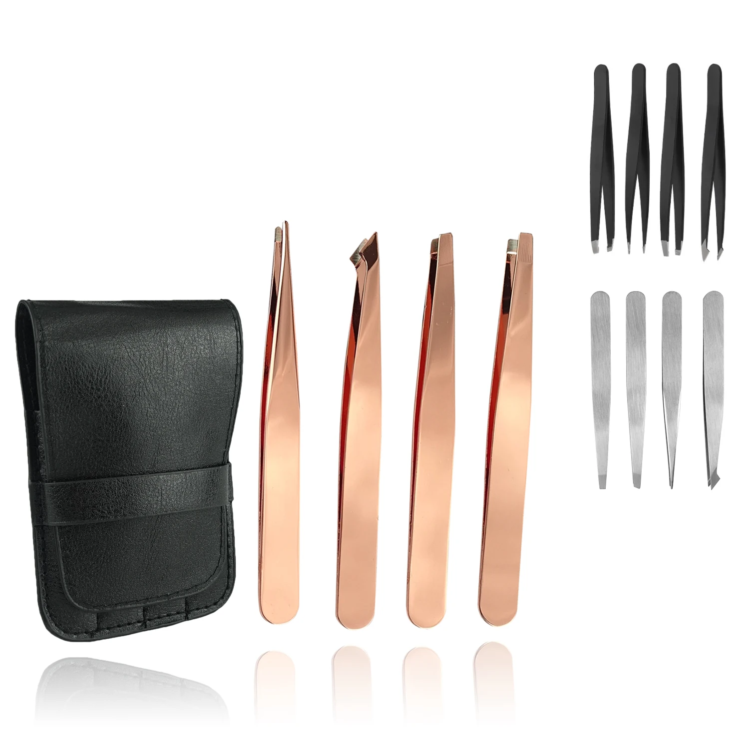 

4pcs private label stainless steel gold mini eyebrow tweezers set with pu bag