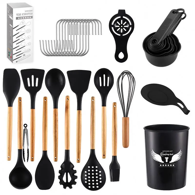 

12 Pieces In 1 Set Silicone Kitchen Cooking Tools Stand Kitchenware Spatula Silicone Kitchen Utensils Set With Wooden Handles