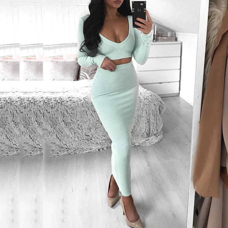New Arrival Stylish Long Sleeve V Neck Top Autumn Sexy Midi Dress Bodycon Two Piece Set Women Clothing