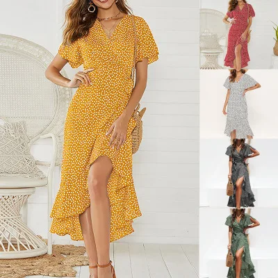 

Summer Beach Maxi Dress Women Floral Print Boho Long Dress Ruffles Wrap Casual V-Neck Split Sexy Party Dress Robe Femme, White,mint,black,red,yellow