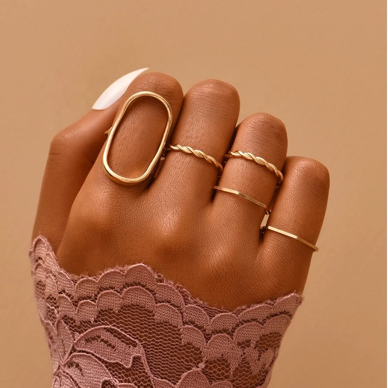 

5pcs Women's Fashion personality geometric hollow ring combination set, Gold