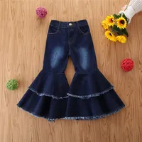 

Fashion Toddler Girl Double Layers Bell-Bottoms Jeans Children Girl Blue Cute Washed Flared Denim Trousers for 2-6 Years