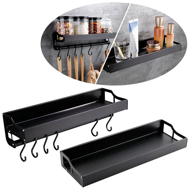 

Spice Rack Organizer with S Hooks Wall Mounted Holder Metal Floating Shelves with Towel Bar