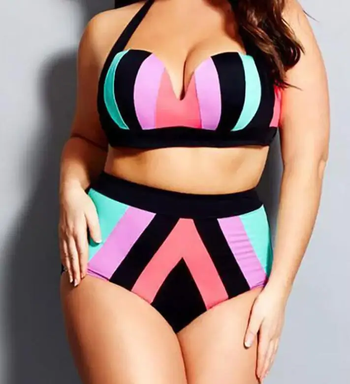 

2020 New Plus Size Women High Waist Push Up Bikini Set Striped Swimwear Beach Bathing Suit Large Swimsuit Plus Size Swimwear 4XL