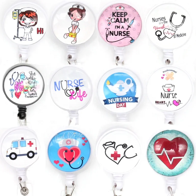 

Mix Style Medical Series Nurse Stethoscope ECG Heart ID Badge Reel For Nurse Accessories Scrub Life Badge Holder, As picture