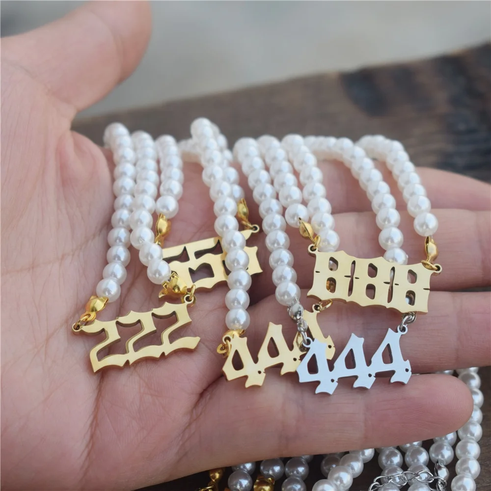 

Wholesale Pearl Chain 111 222 333 444 555 777 888 999 666 Stainless Steel Angel Number Pendant Necklaces