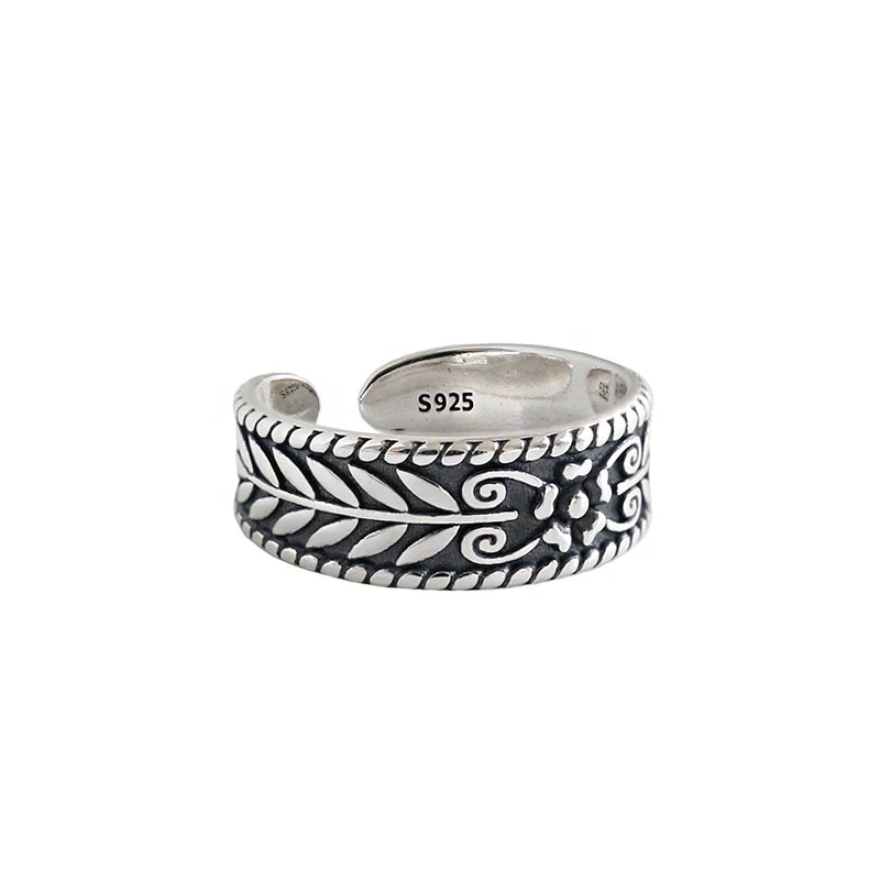 

NewSR208 retro ancient 925 silver ring jewelry  leaf flower engraving ring