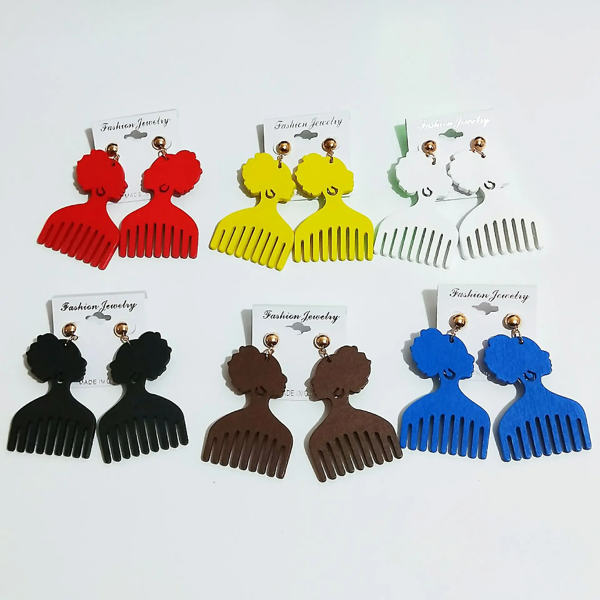 

Custom African Women Print Natural Hair Wood Earrings Geometric Wooden Comb Earrings For Women