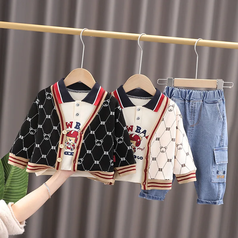 

New arrival fashion kids 3 Pieces Clothing Set all over printed cartoon cardigans + bear polo shirt + jeans pants for kids, Picture shows