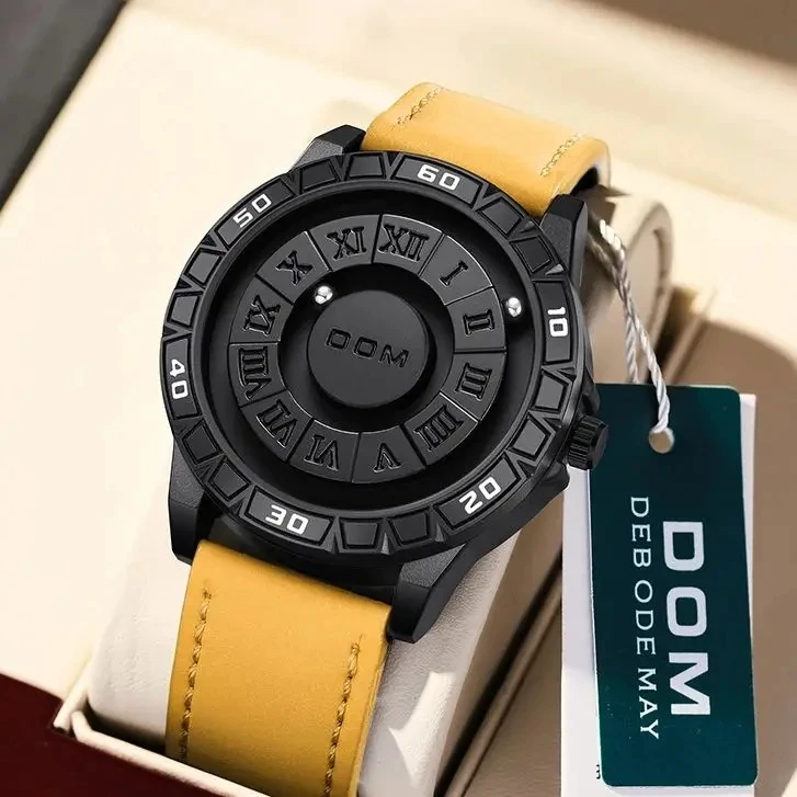 DOM Mens Watch 1726 Skeleton Design Magnetic Rolling Pointer Quartz Watches Men Luxury Waterproof Leather Male Wristwatches