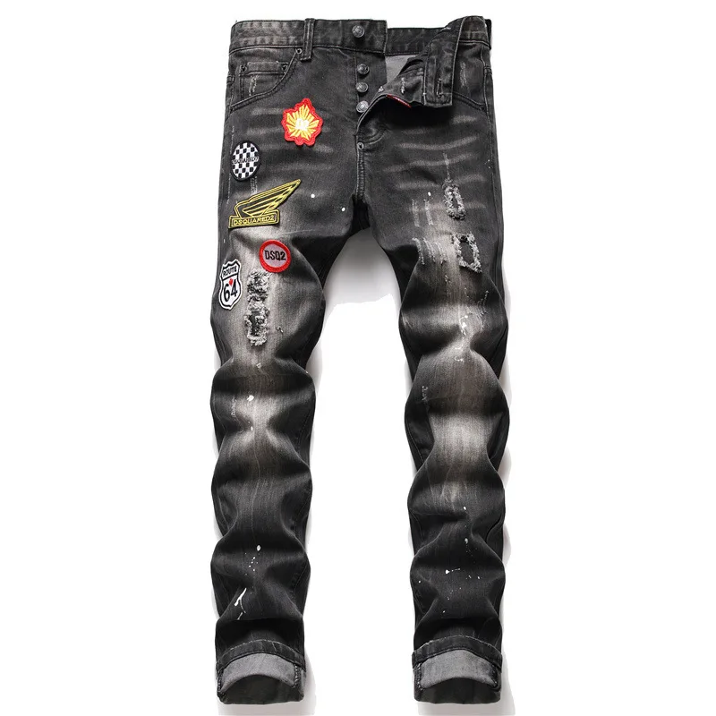 

LILUO Men's ripped jeans patch slim fit denim straight leg jeans for men pants
