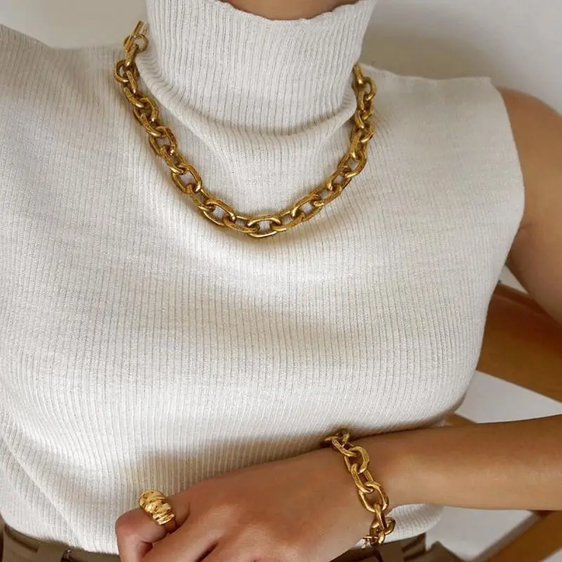 

Minimalist Alloy Screw Thread Chain Gold Plated Necklace Jewelry Alloy Thick Choker Adjustable Necklace Women