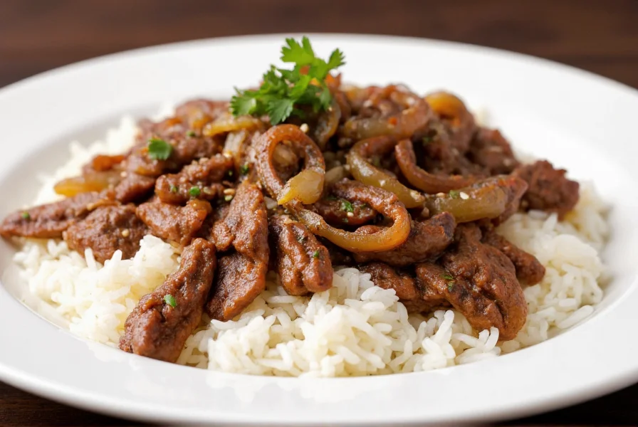 Pepper steak with onion served over fluffy white rice with sesame seeds garnish on white ceramic plate
