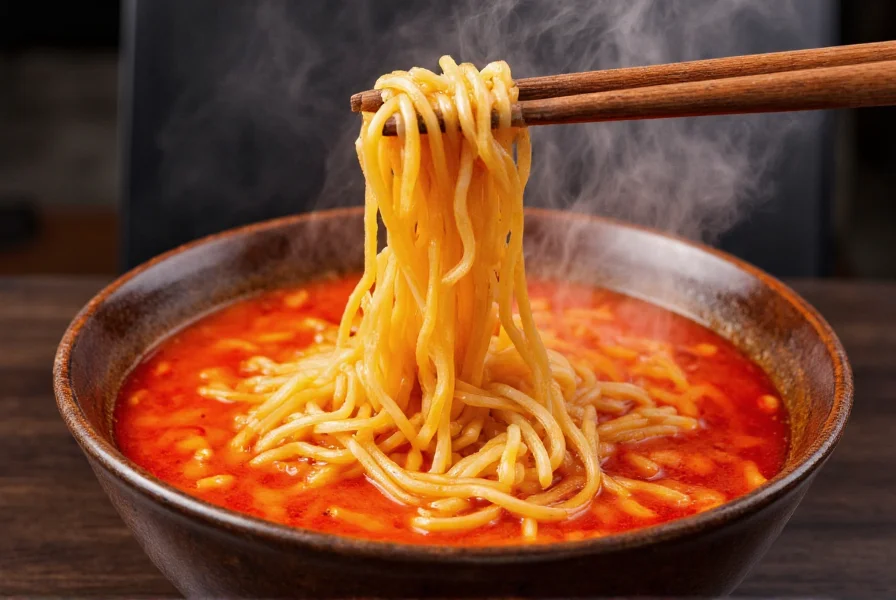 Close-up of steaming ghost pepper ramen in bowl with chopsticks, showing vibrant red broth and noodles, professional food photography