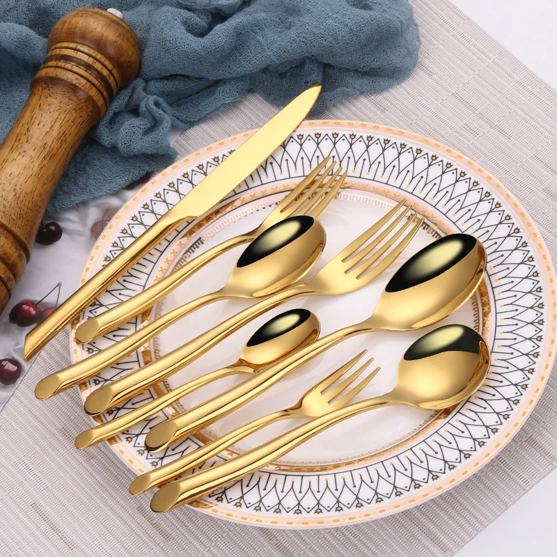 

18-0 Wave Handle Forged Stainless Steel Flatware Set Bias-Cut Bases Handle Cutlery Set 24kt Gold Plated Flatware