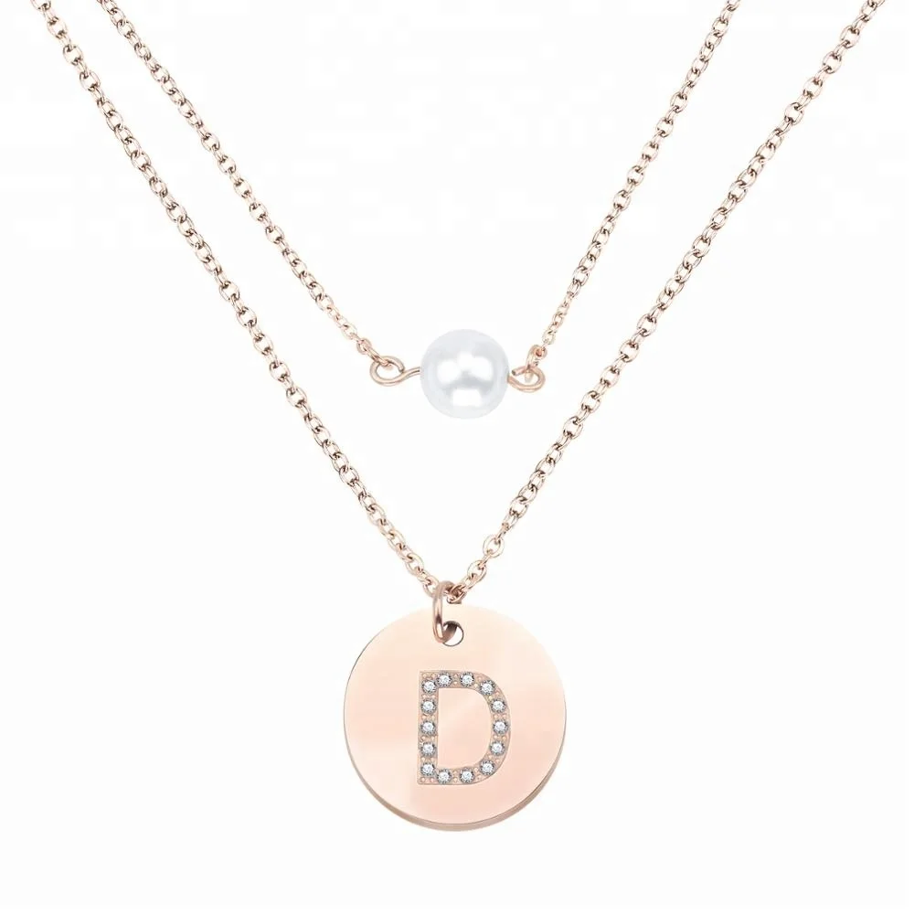 

Women Jewelry Fashion Stainless Steel Gold initial Pendant Choker Necklace Multi Layered Fresh Water Pearl Charm Chain Necklace, Picture shows