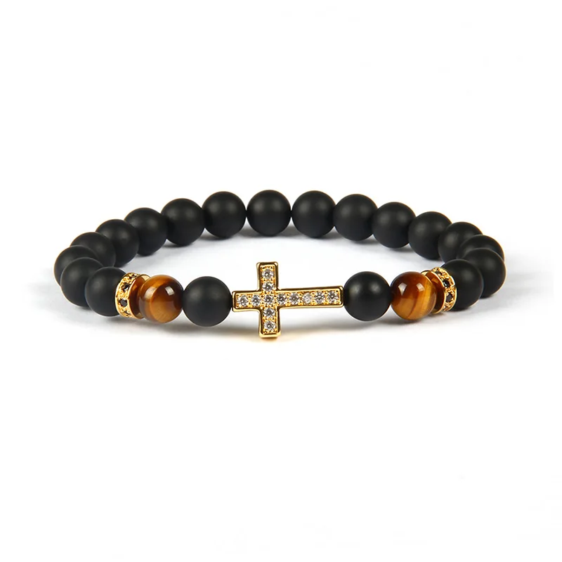 

New Design CZ Micro Pave Cross Charm Gemstone Tiger Eye Beads Elastic Bracelet Men Women JBS9026