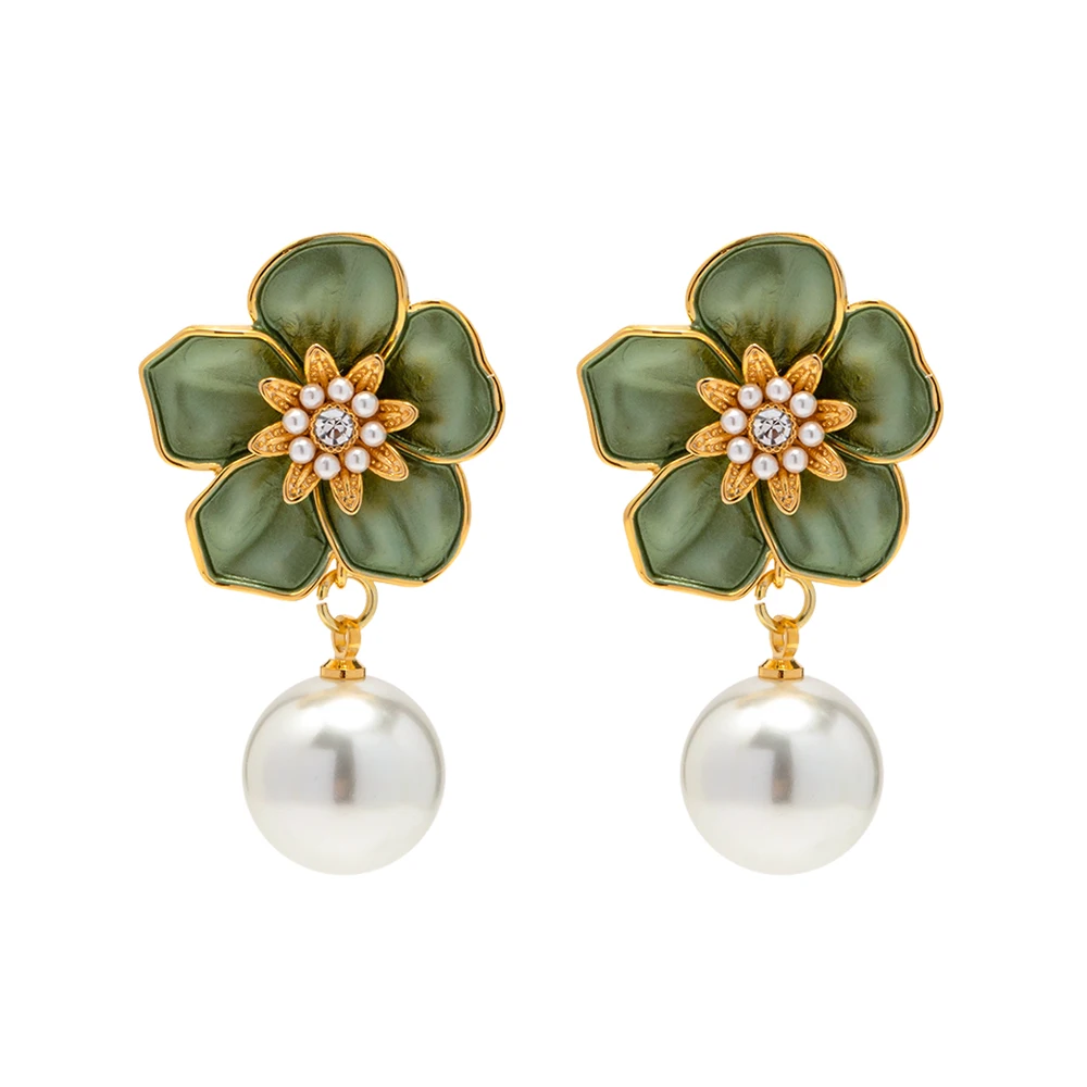 

Minimalist 18K Gold Plated Brass Delicate Green Camellia Pearls Flower Drop Earring for Girls