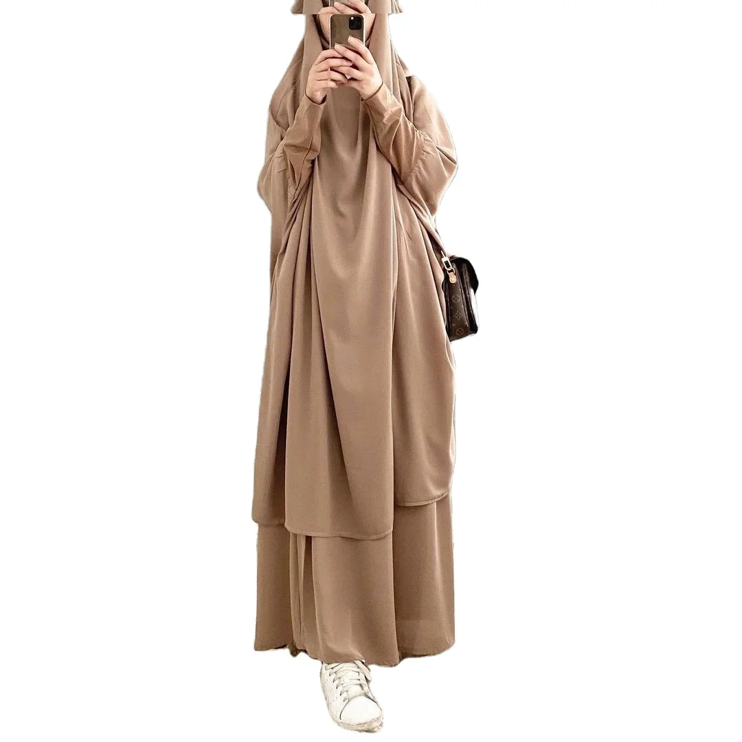 

Women clothing 2021 summer Solid Color Robe Suit Dress Nida khimar Muslim Women Wholesal Robe Prayer Jilbab 2 pieces Set, Picture shows