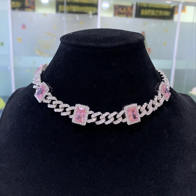 

Fashion women jewelry necklace rectangle pink diamond cuban link chain